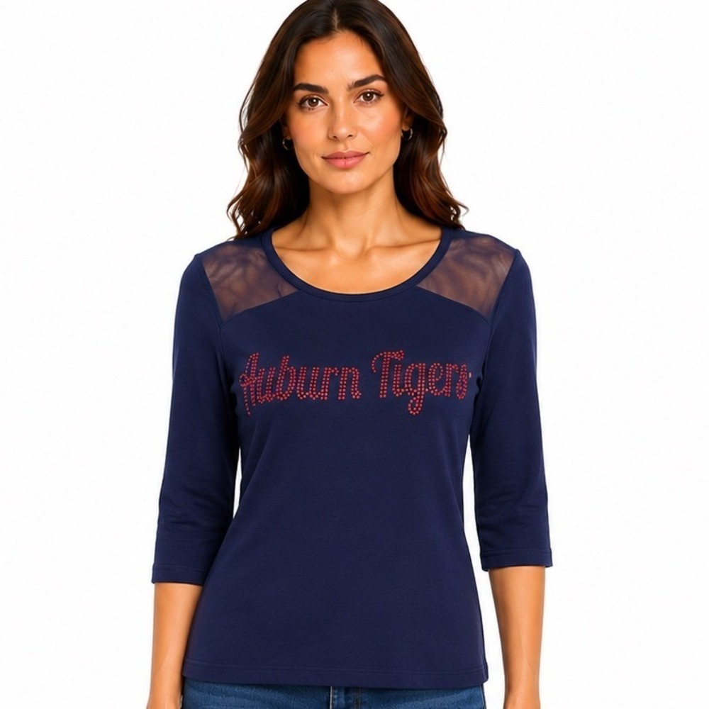 Meesh & Mia Auburn Tigers Top Women Medium New Navy Blue Mesh Studded 3/4 Sleeve